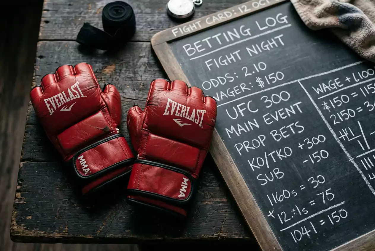 Guantes de MMA junto a una pizarra con términos de apuestas escritos